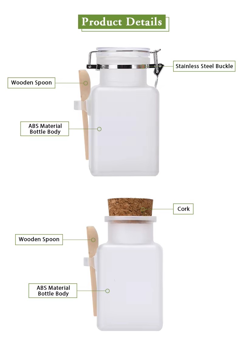 Frosted ABS Plastic Bath Salt Packaging Jars With Wood Spoon And Cork Lid Frosted ABS Plastic Bath Salt Packaging Jars With Wood Spoon And Cork Lid