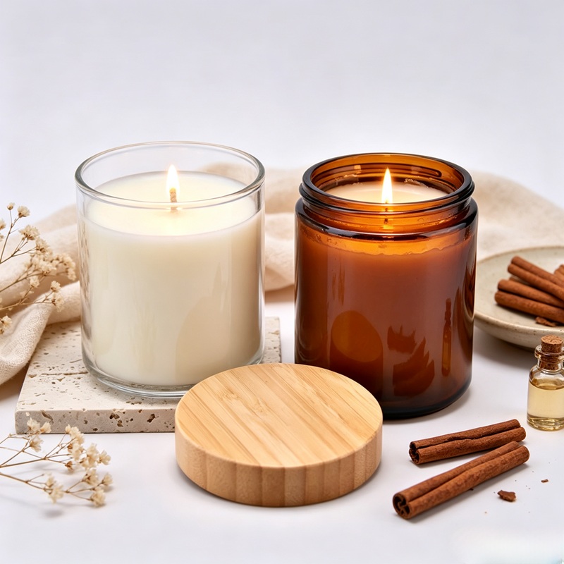Clear Amber Round Wax Container Glass Candle Jars With Bamboo Lid Clear Amber Round Wax Container Glass Candle Jars With Bamboo Lid