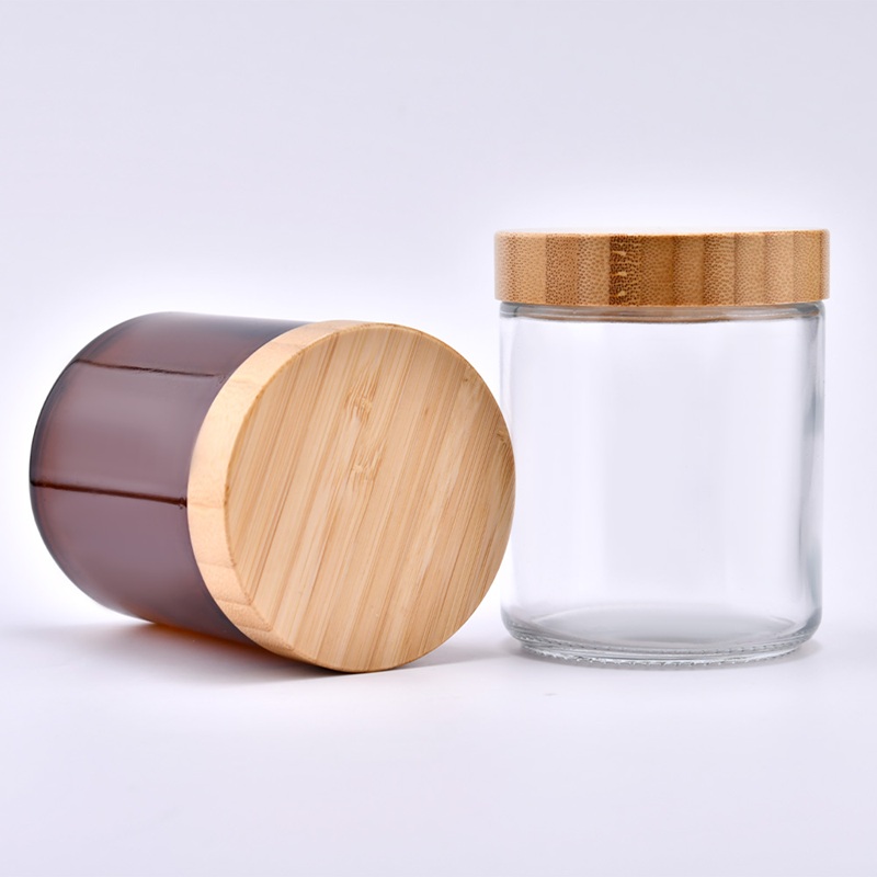 Clear Amber Round Wax Container Glass Candle Jars With Bamboo Lid Clear Amber Round Wax Container Glass Candle Jars With Bamboo Lid