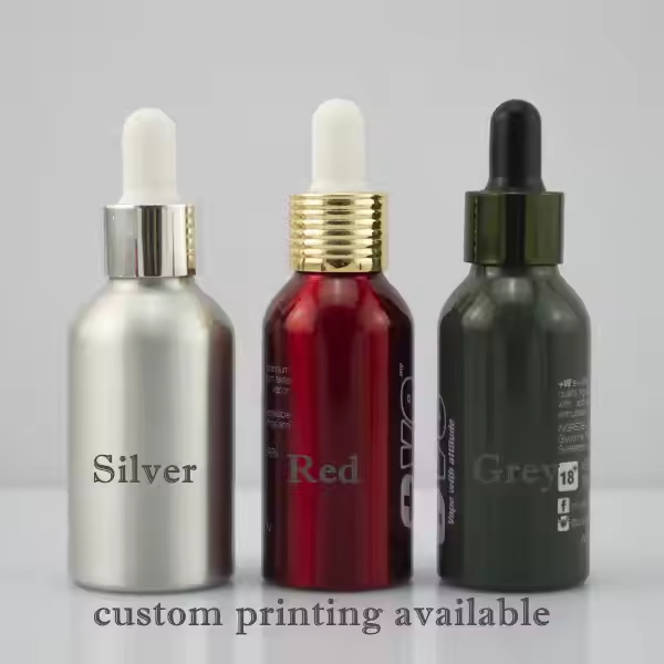Food Grade Essential Oil Liquid 30ml 50ml 60ml Red Silver Grey Aluminum Dropper Bottle with Childproof Cap