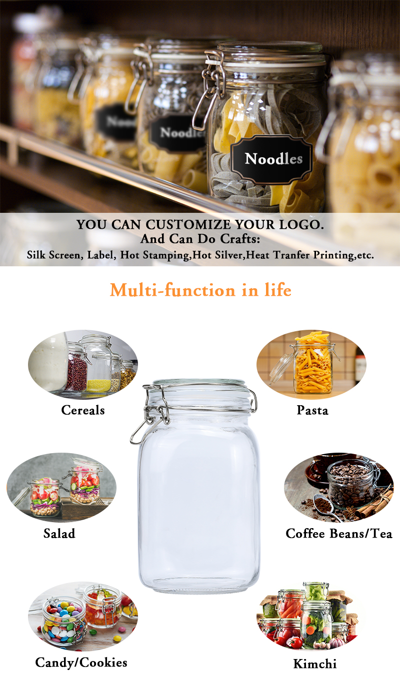 Glass Storage Mason Jar 500ml 750ml 1000ml 1500ml Cookie Pickles Kitchen Food Storage Glass Jar with Clip Lid