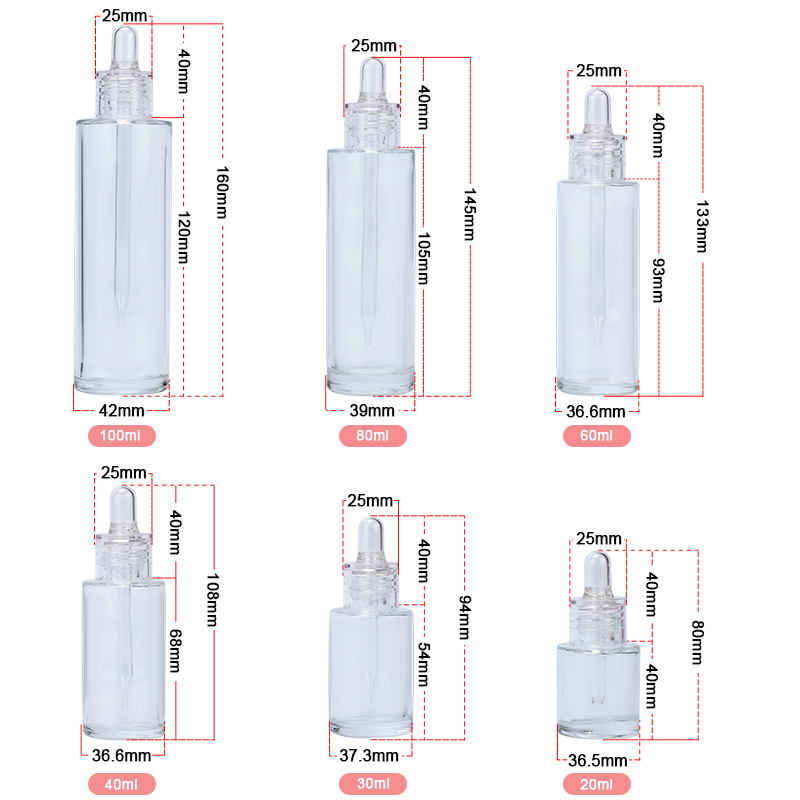 Luxury 15ml 20ml 30ml 50ml 60ml 100ml Essential Oil Flat Shoulder Serums Glass Dropper Bottle with clear Lid