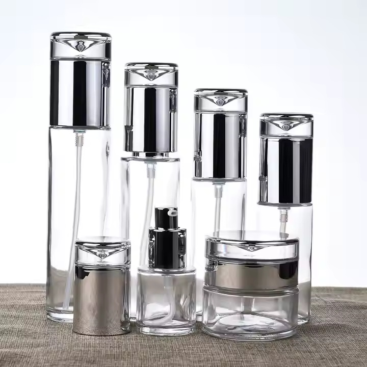 Cosmetic Packaging clear Glass Skin Care Lotion Serum Pump Bottles and Glass Cream Jar Containers