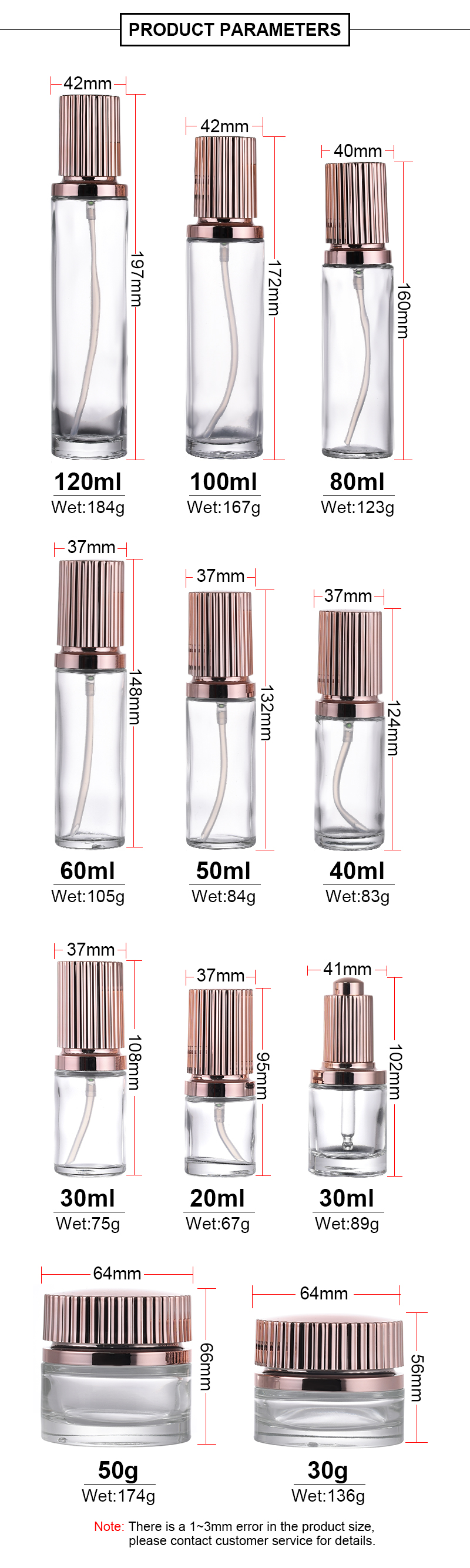 Luxury Design Custom 20ml 50ml 100ml 120ml Cylinder Glass Lotion Serum Essence Pump Bottle 30g 50g Glass Face Cream Jar
