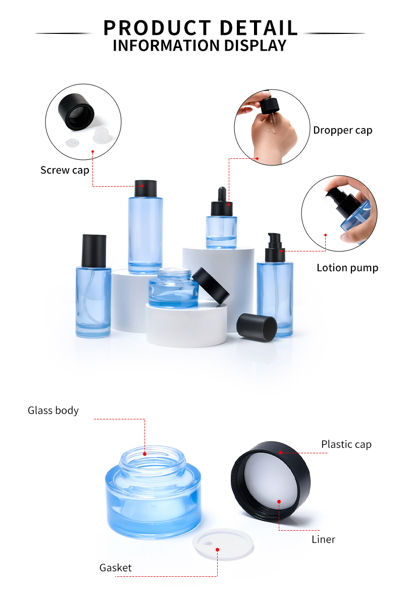 Empty Refillable clear Blue 15ml 30ml 120ml 30g 50g Personal Round Skin Care Containers Glass cosmetic packaging for Creams Lotion 