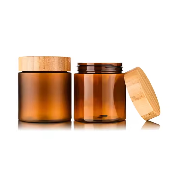 50ml 150ml 250ml 500ml Cosmetic Packaging Empty clear Amber Body Butter Scrub PET Plastic Cream Jar with Bamboo Lid