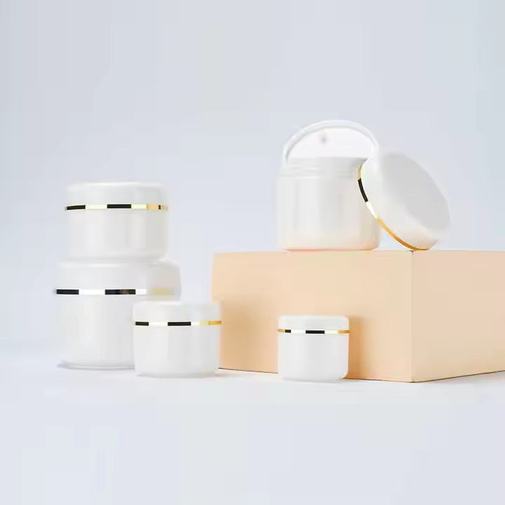 Gold Strip Dome Lid Empty Cosmetic Body Butter Scrub Cream Container White PP Plastic Jar Pot