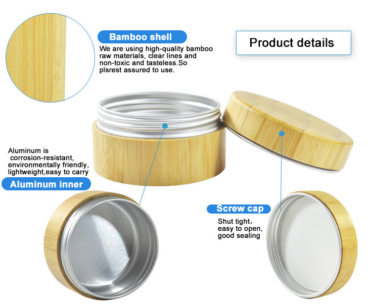 Natural Cosmetic Bamboo Container 5g 15g 30g 50g 100g 150g Aluminum Inner Cream Jar with Wooden Cap