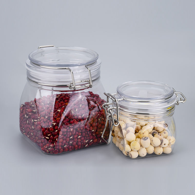 Food Grade Kitchen Clear Storage Pet Plastic Unique Cookie Empty Sealed Honey Jam Clip Top Jars With Metal Clip Lid Mason Jars