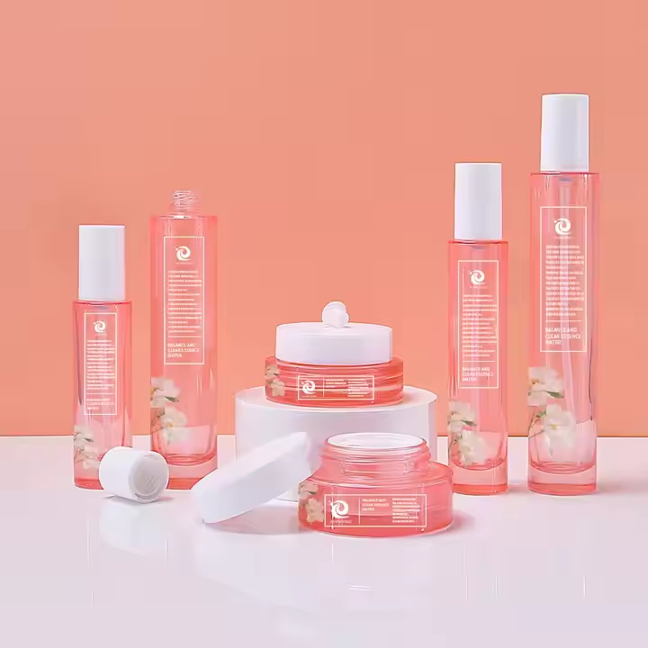 Cosmetic 30g 50g Pink Glass Cream Jar 30ml 50ml 100ml Pink Glass Bottle for Skin Care Foundations Serums Cream