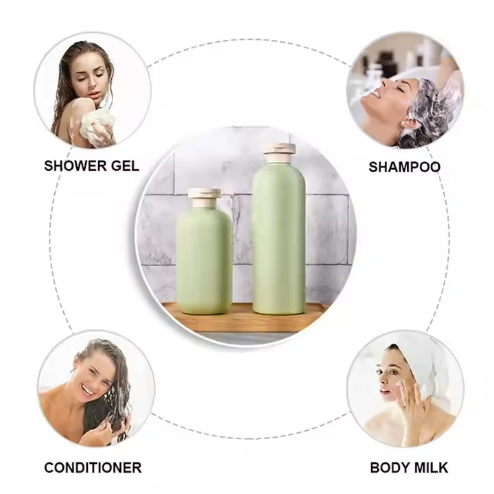 Brand Eco-friendly Soft Cosmetic Packaging Body Wash 200ml 300ml 400ml 500ml HDPE Green Plastic Shampoo Bottle With Bamboo Lid