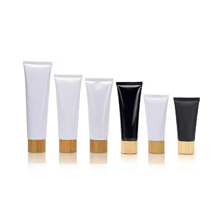 Empty Cosmetic Cream Container 50ml 60ml 80ml 100ml 120ml 150ml White Black Soft Squeeze Plastic Tube with Natural Bamboo Lid