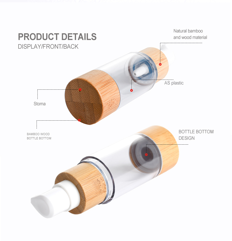 Cosmetic Packaging Vacuum 15ml 30ml 50ml Bamboo Airless Pump Bottle with Lotion Pump
