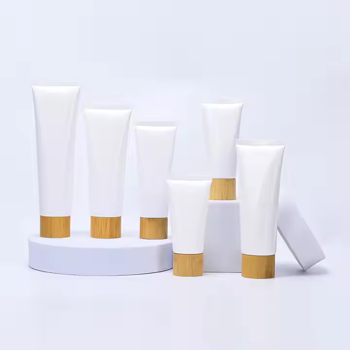 Empty Cosmetic Cream Container 50ml 60ml 80ml 100ml 120ml 150ml White Black Soft Squeeze Plastic Tube with Natural Bamboo Lid