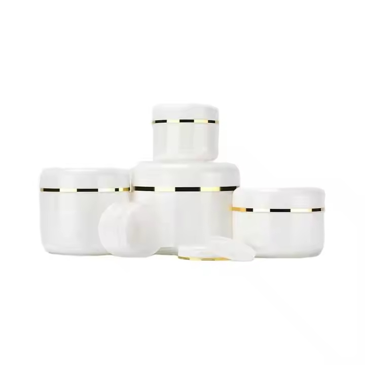 Gold Strip Dome Lid Empty Cosmetic Body Butter Scrub Cream Container White PP Plastic Jar Pot