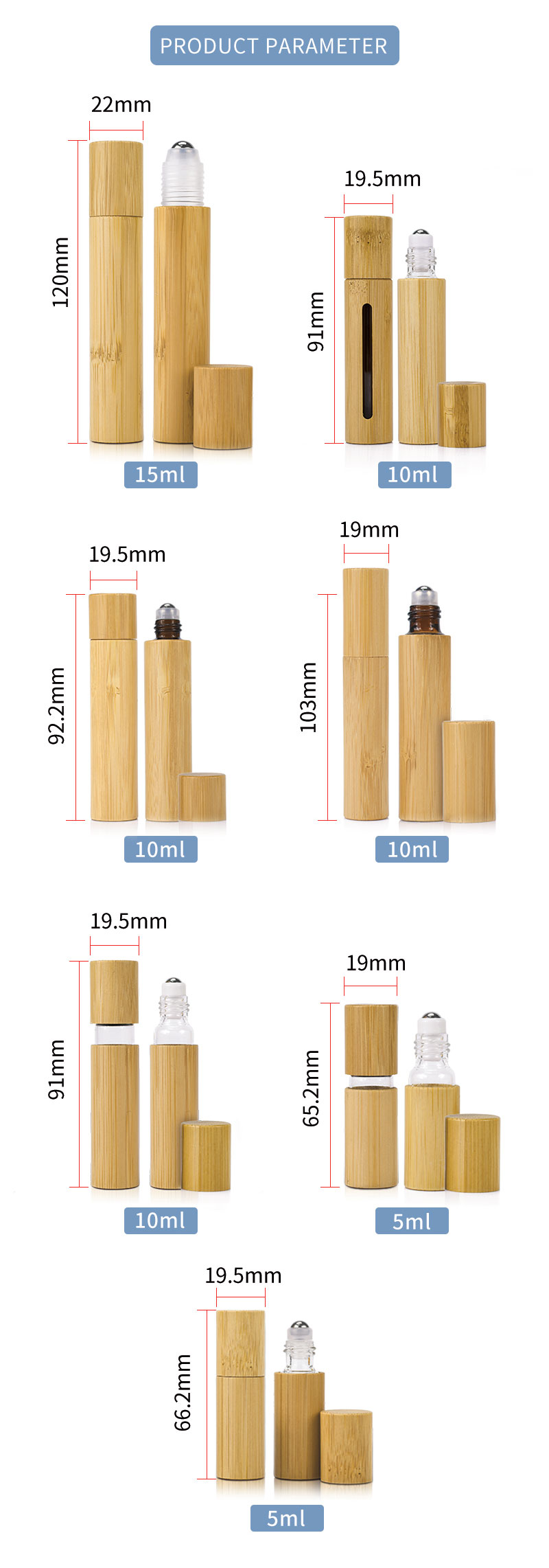 Bamboo Wooden Shell 5ml 10ml 15ml Glass Inner Bamboo Essential Oil Roll on Bottle with Steel Roller and Window