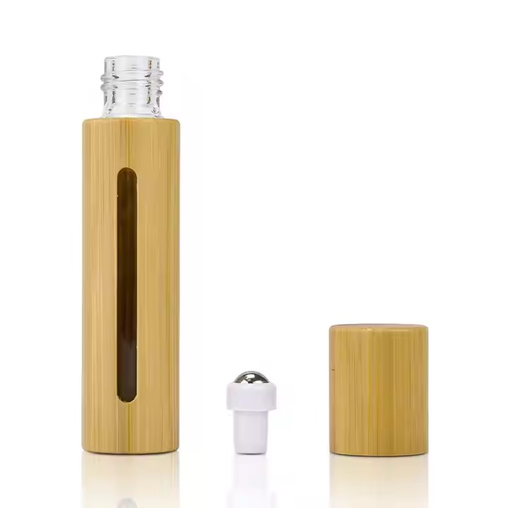 Bamboo Wooden Shell 5ml 10ml 15ml Glass Inner Bamboo Essential Oil Roll on Bottle with Steel Roller and Window