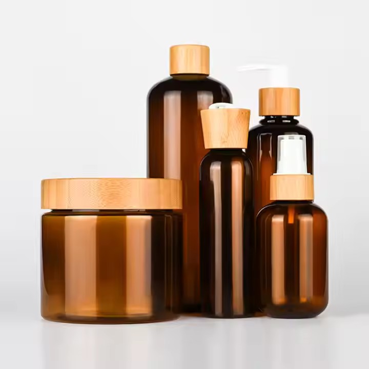 100ml 150ml 250ml 500ml 8オンス化粧品包装コンテナボディシャンプーペットペットペットボトル付き竹のふた付き