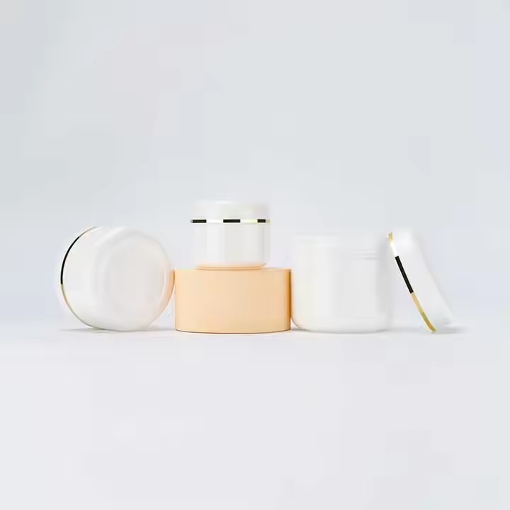 Gold Strip Dome Lid Empty Cosmetic Body Butter Scrub Cream Container White PP Plastic Jar Pot