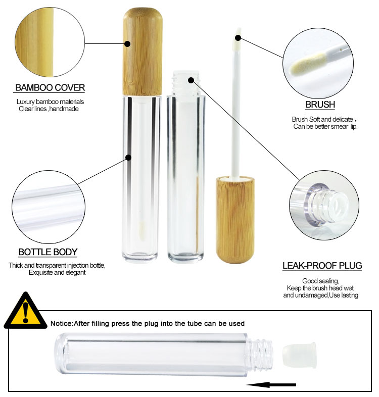 Eco-friendly Cosmetic Packaging 5ml 8ml 10ml 15ml Bamboo Lip Gloss Tube with Brush