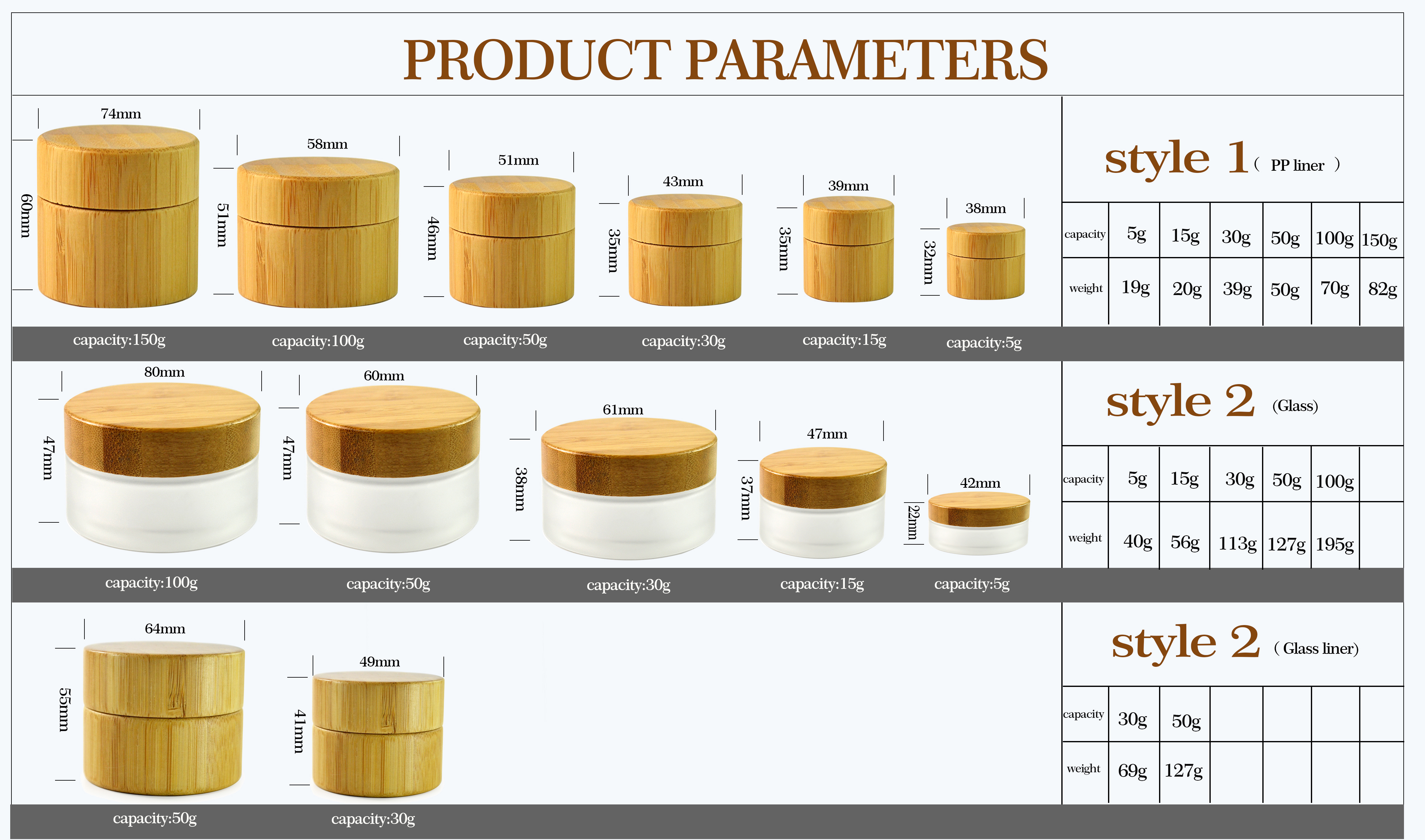 Environmental Cream Cosmetic Jar 5g 15g 30g 50g 100g Bamboo Wooden Container Jar with Inner Plastic