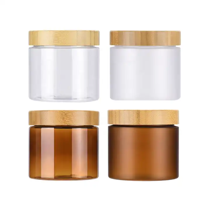 Natural Frosted Amber clear Pet Plastic Body Butter Cosmetic Cream Jar with Bamboo Lid