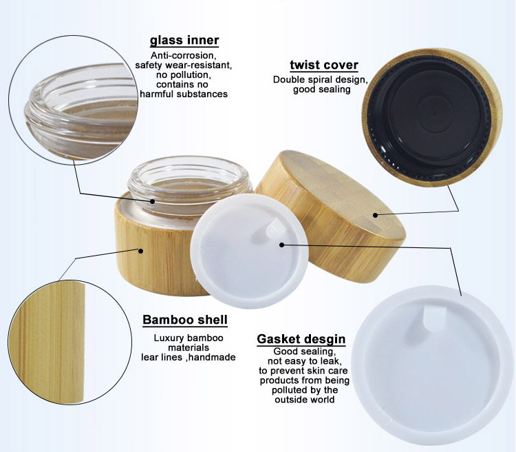 Wholesale Engraved Bamboo Cosmetic Cream Jars 5g-100g Glass Containers with Inner Glass for Creams Wholesale Cosmetic Storage