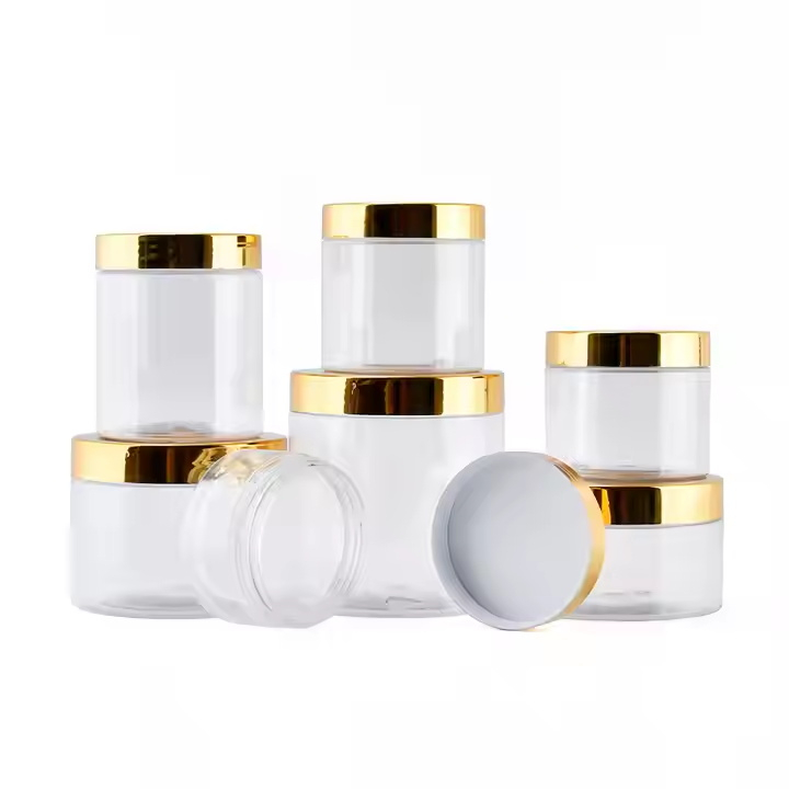 Hot Selling 25ml -- 1000ml Cream Container Food Grade Transparent Plastic Jars with Gold Lid PET & Screw Lid Design