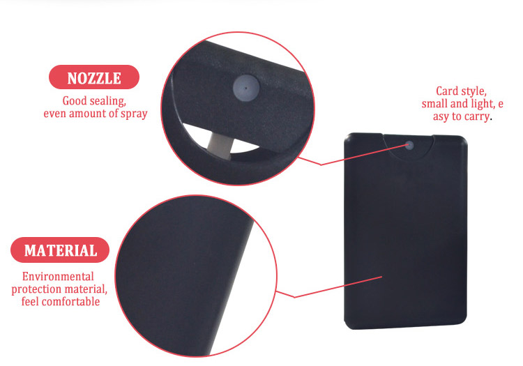 Mini Black White Red 20ml Hand Sanitizer Pocket Perfume Credit Card Spray Bottle with Custom logo
