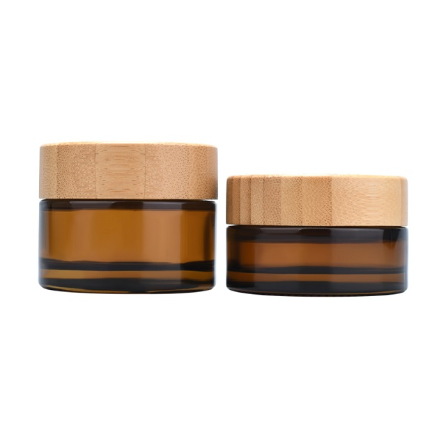 Hot sale cosmetic face cream container 5ml 15ml 30ml 50ml 100ml amber frosted glass jar with bamboo wood lid