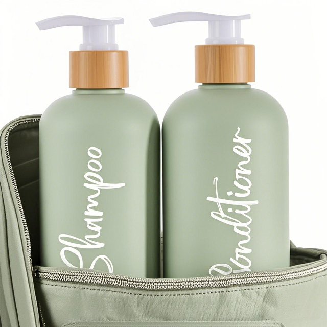 DIY travel cosmetic packaging 300ml shampoo and body wash pump bottle with bamboo lid