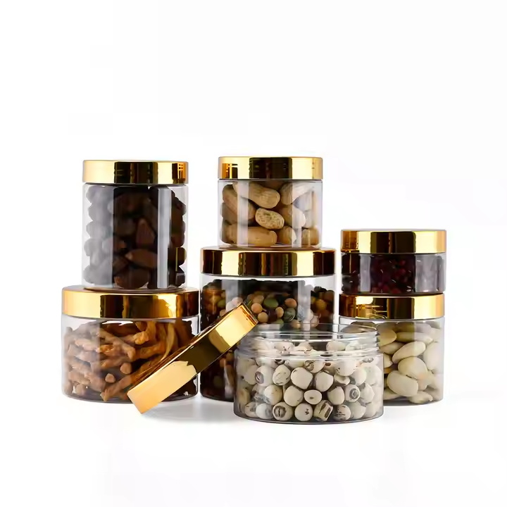 Hot Selling 25ml -- 1000ml Cream Container Food Grade Transparent Plastic Jars with Gold Lid PET & Screw Lid Design