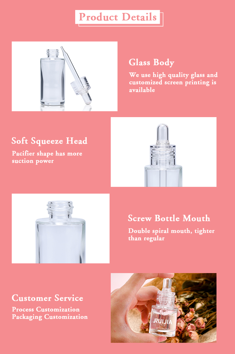Luxury 15ml 20ml 30ml 50ml 60ml 100ml Essential Oil Flat Shoulder Serums Glass Dropper Bottle with clear Lid