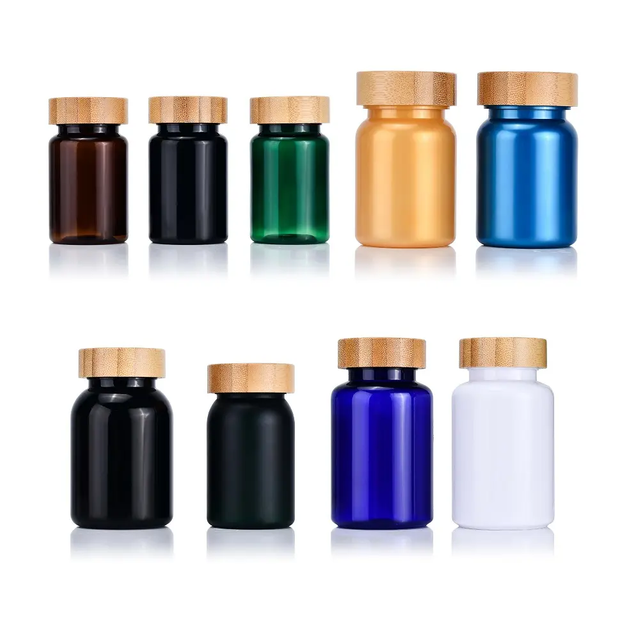 Health Care Tablet Powder Container Dark Brown Amber Wide Mouth Empty Vitamin Pill Capsule Plastic Bottle With Custom Bamboo Lid