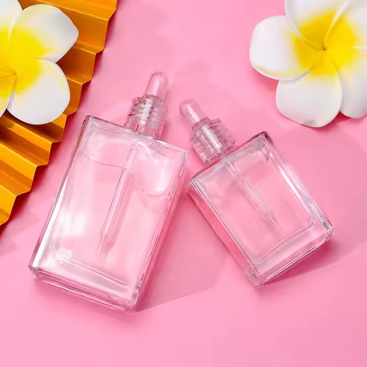 Flat square Rectangle Luxury 15ml 30ml 50ml 100ml Glass Dropper Bottles with Crystal clear Collar for Serum Essential Oil
