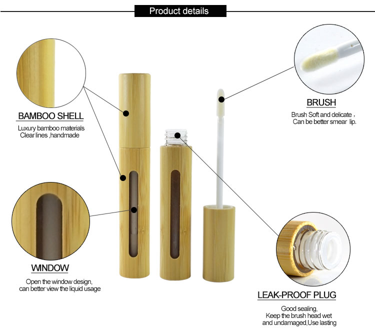 Eco-friendly Cosmetic Packaging 5ml 8ml 10ml 15ml Bamboo Lip Gloss Tube with Brush