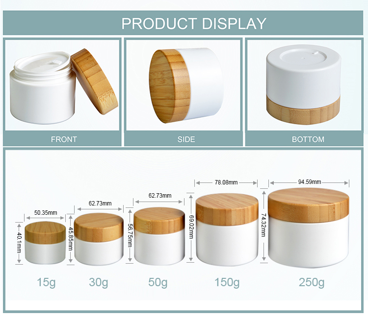 Hot sale 15ml 30ml 50ml 100ml 150ml 200ml 250ml White PP Plastic Cosmetic Cream Jar with Bamboo Wooden Lid