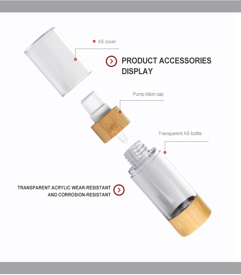Cosmetic Packaging Vacuum 15ml 30ml 50ml Bamboo Airless Pump Bottle with Lotion Pump
