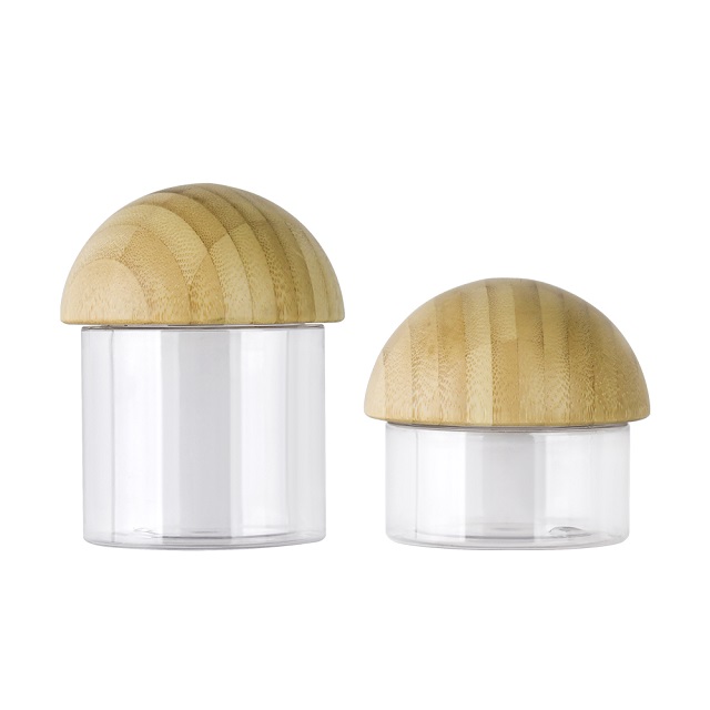 Custom Logo 5oz 8oz Sugar Scrub Body Butter Cosmetic Container Frosted Amber PET Plastic Cream Jar With Mushroom Bamboo Lid