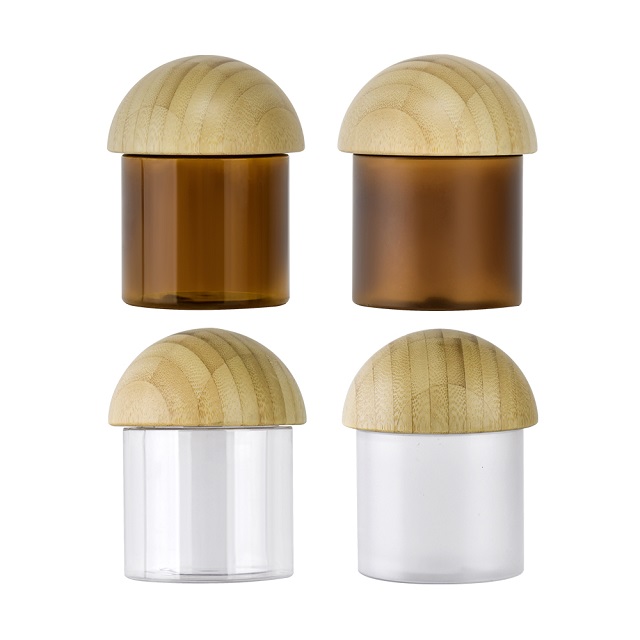 Custom Logo 5oz 8oz Sugar Scrub Body Butter Cosmetic Container Frosted Amber PET Plastic Cream Jar With Mushroom Bamboo Lid