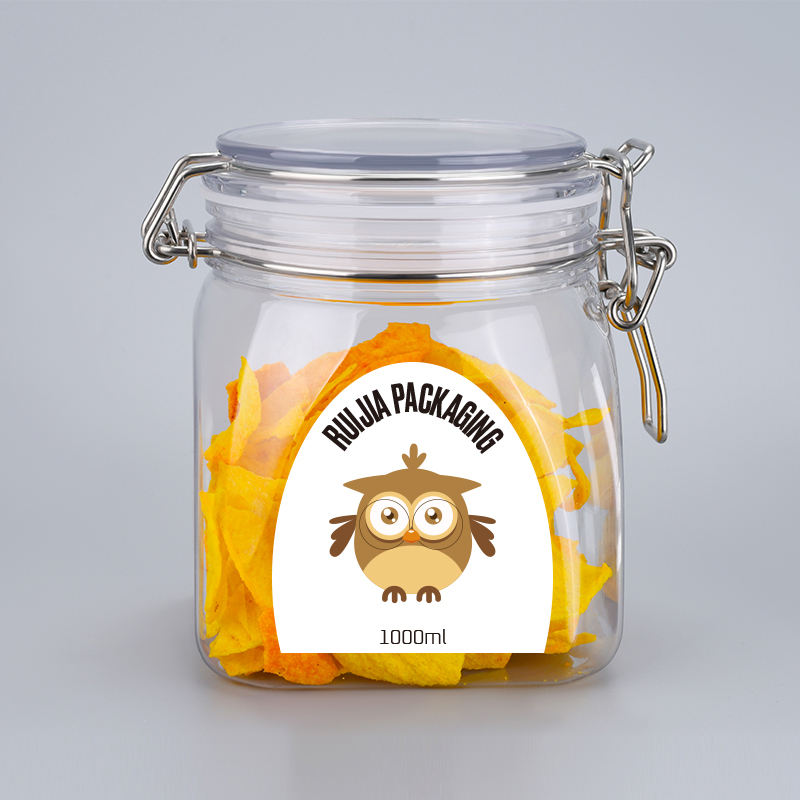 Food Grade Kitchen Clear Storage Pet Plastic Unique Cookie Empty Sealed Honey Jam Clip Top Jars With Metal Clip Lid Mason Jars