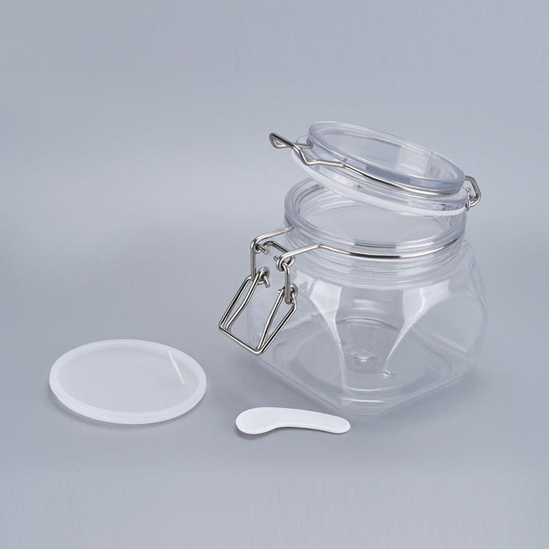 Food Grade Kitchen Clear Storage Pet Plastic Unique Cookie Empty Sealed Honey Jam Clip Top Jars With Metal Clip Lid Mason Jars
