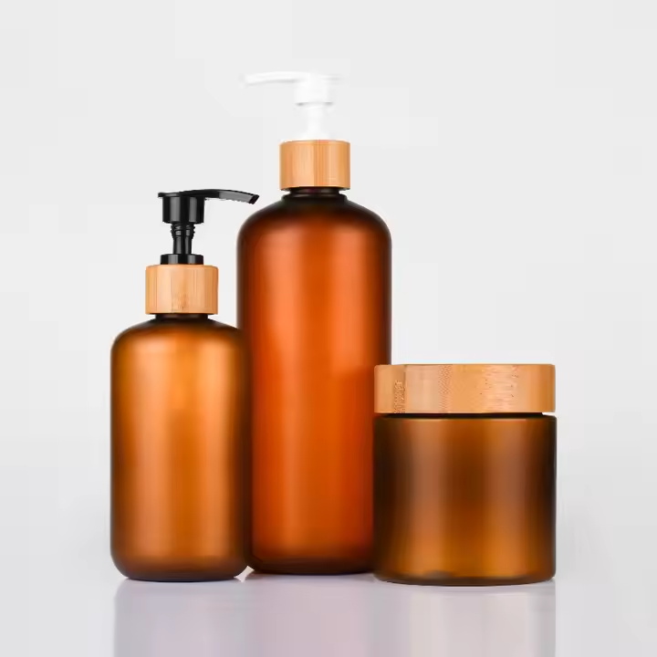 Eco-friendly PET Amber Frosted Bottle Set 250ml 500ml Plastic Lotion Pump Bottle 8oz 250g Body Butter Cream Jar with Bamboo Lid