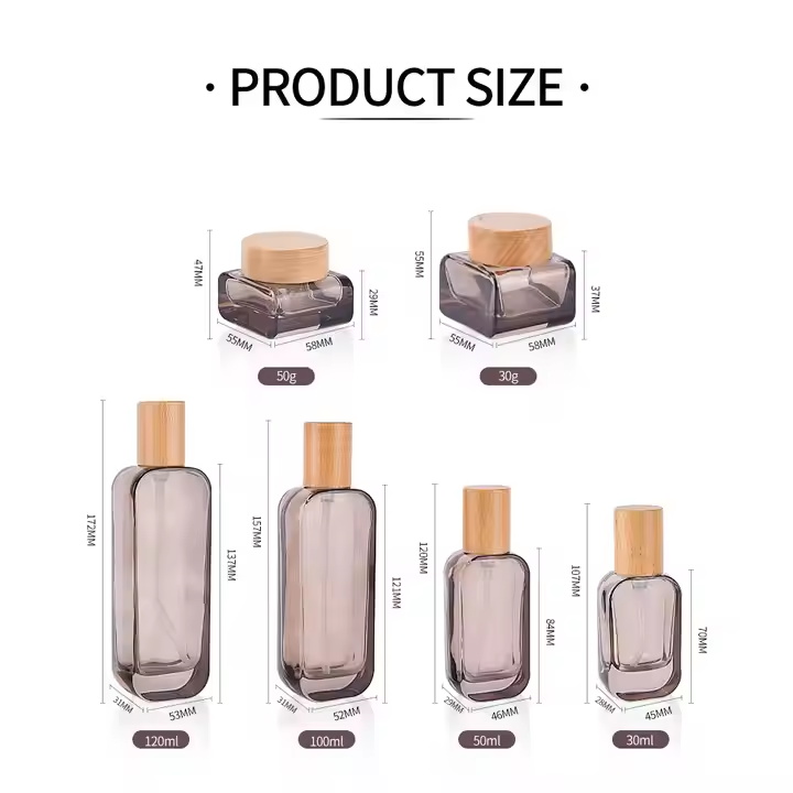 Custom Logo Glass Skincare Packaging Square Glass Cream Jar 30ml 50ml 100ml 120ml Light Grey Glass Toner Lotion Serum Bottle