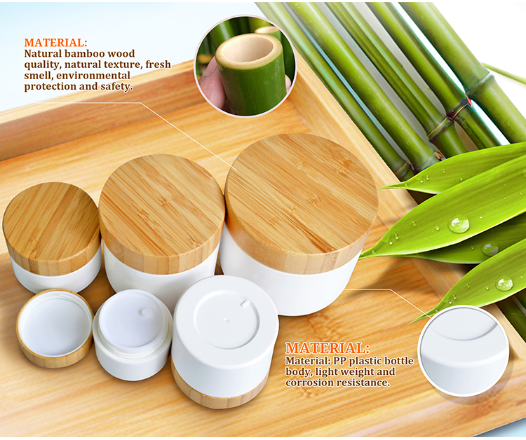 Hot sale 15ml 30ml 50ml 100ml 150ml 200ml 250ml White PP Plastic Cosmetic Cream Jar with Bamboo Wooden Lid