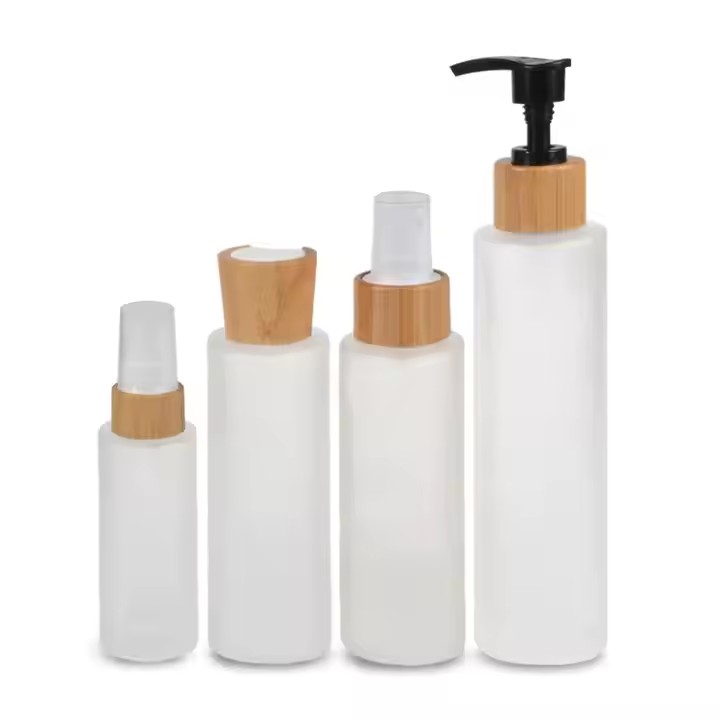 Bamboo Cosmetic Packaging Toner Lotions Serum 50ml 100ml 120ml 150ml Frosted Glass Bottle with Bamboo Lid