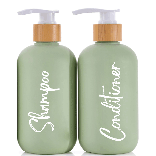 DIY travel cosmetic packaging 300ml shampoo and body wash pump bottle with bamboo lid