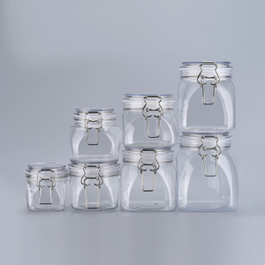 Food Grade Kitchen Clear Storage Pet Plastic Unique Cookie Empty Sealed Honey Jam Clip Top Jars With Metal Clip Lid Mason Jars