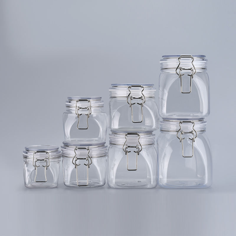 Food Grade Kitchen Clear Storage Pet Plastic Unique Cookie Empty Sealed Honey Jam Clip Top Jars With Metal Clip Lid Mason Jars
