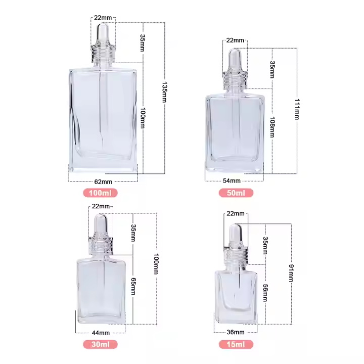 Flat square Rectangle Luxury 15ml 30ml 50ml 100ml Glass Dropper Bottles with Crystal clear Collar for Serum Essential Oil